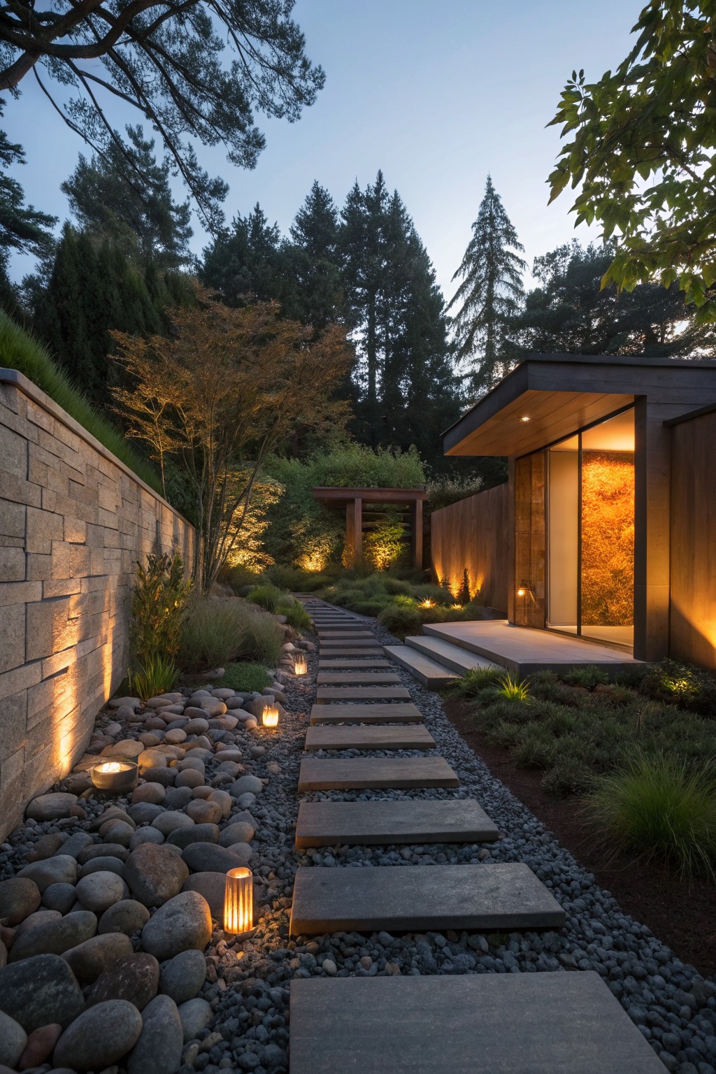 Garden path of irregularly spaced dark stone stepping slabs set into light gravel and surrounded by rounded river rocks, with small lanterns and low plants along the sides, leading to a modern wood-and-glass home entryway backed by a stone wall and trees at dusk.