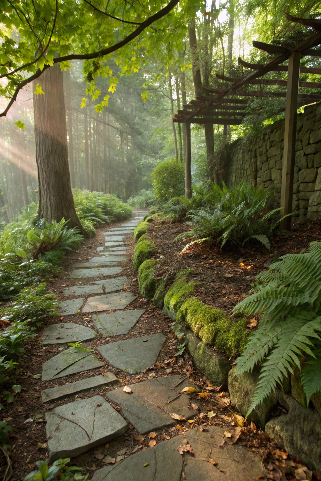A curving path made of irregular flat gray stone slabs winds through a lush garden with green ferns, mossy stone walls, trees, and sunlight rays filtering through overhead branches.