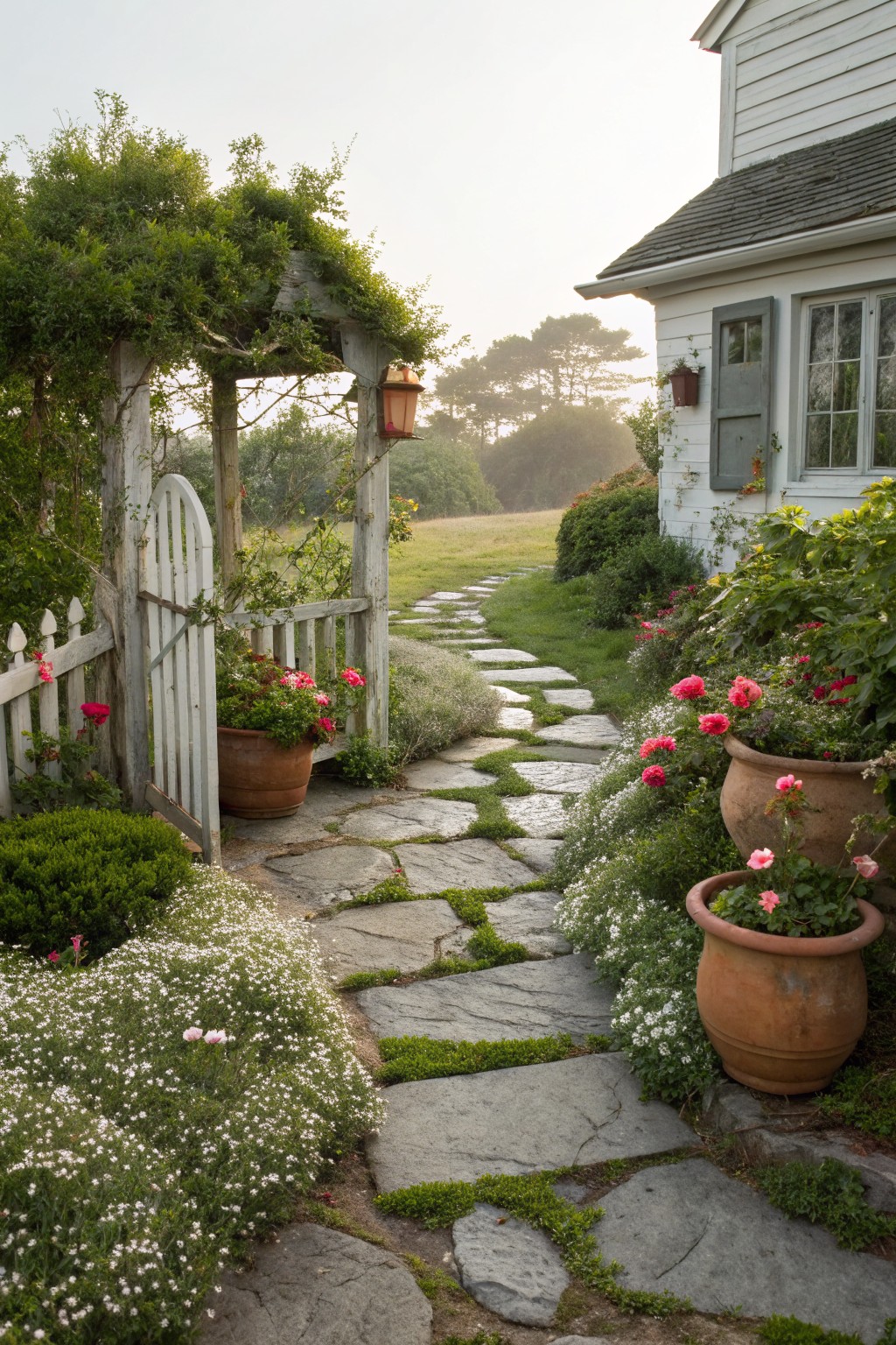 A vine-covered wooden arbor with a white picket gate opens to a winding path of irregular gray stone stepping stones through garden beds with pink roses in terracotta pots and green shrubs, beside a white shingled house.