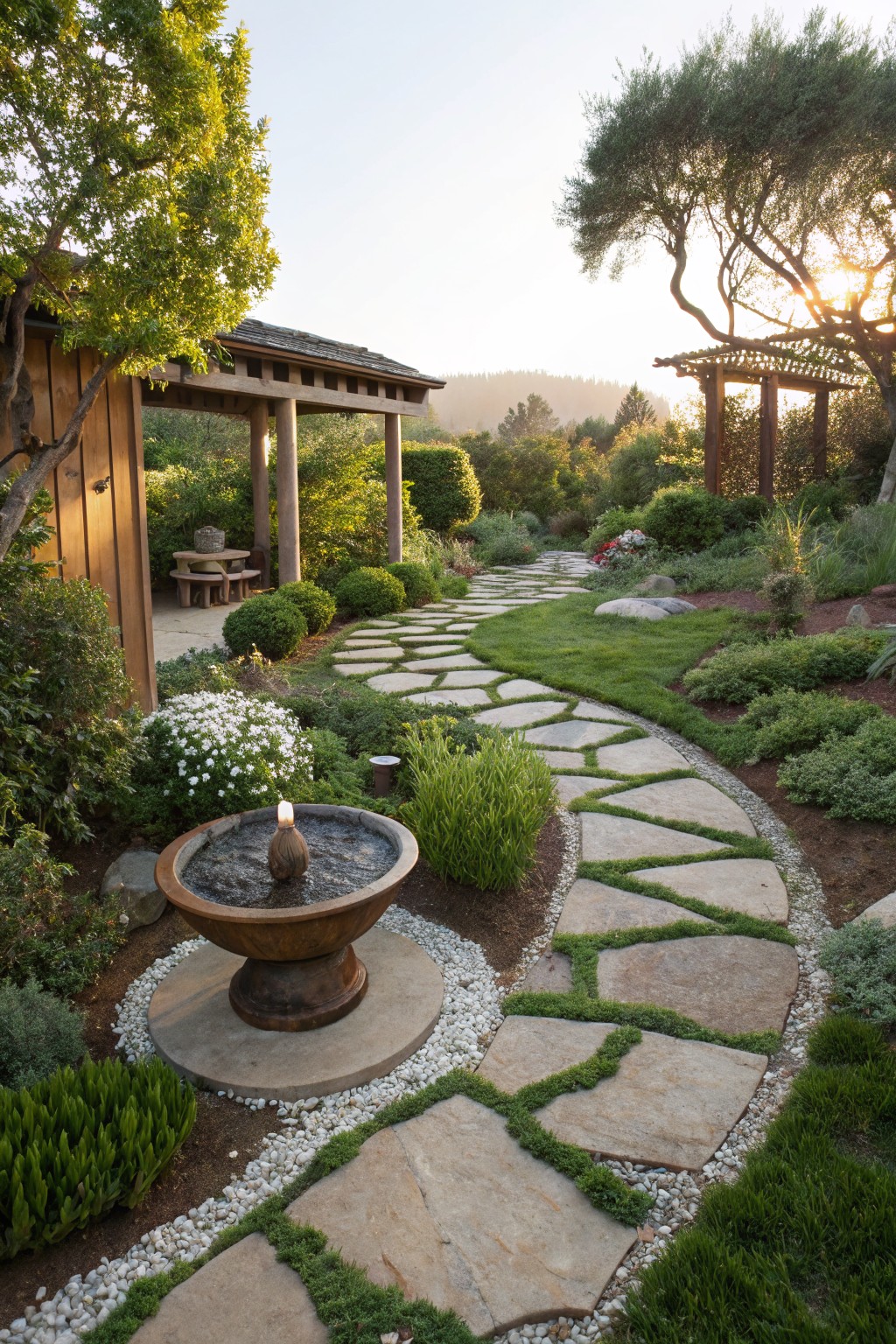 Winding garden path of irregular gray stone stepping stones set in grass and gravel, surrounded by shrubs, flowers, a central terracotta fountain with candle, wooden pergola, picnic table, and trees at sunset.