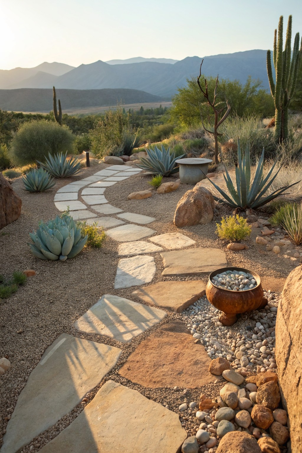 Winding path of irregular flat stone slabs set in gravel through a desert rock garden with agave plants, large boulders, and distant mountains at sunset.
