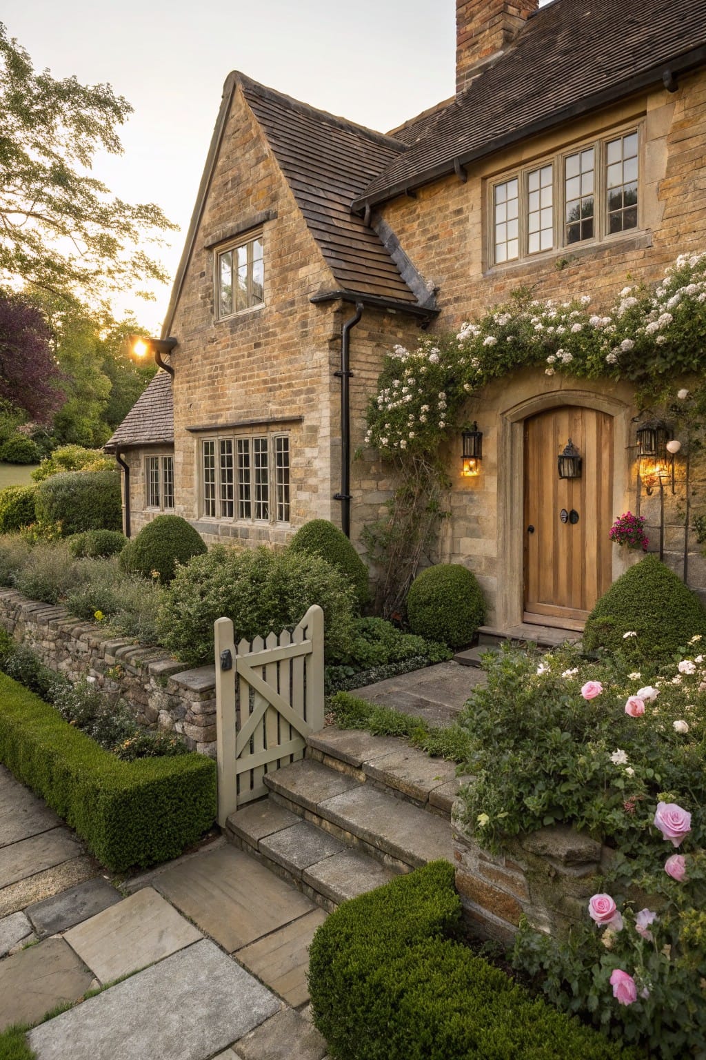 A stone pathway bordered by low clipped boxwood hedges and stone walls leads through a landscaped garden to the arched wooden door of a brick cottage house.