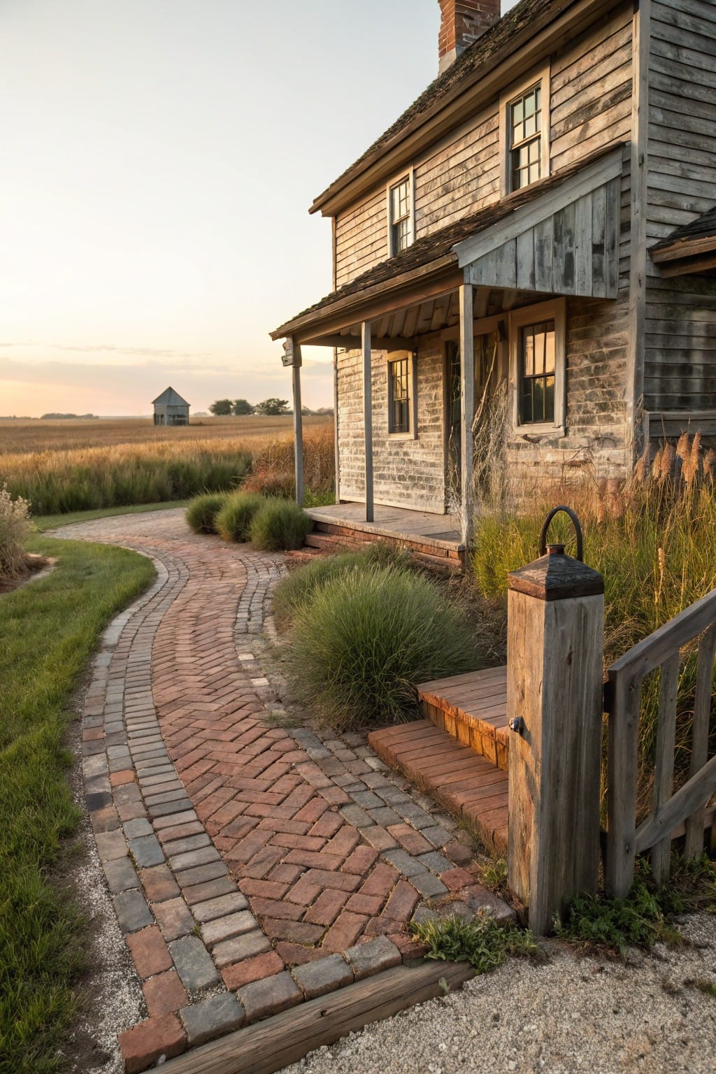 Curved brick pathway edged with tall ornamental grasses leading to the wooden steps and porch of a weathered clapboard house beside a field.