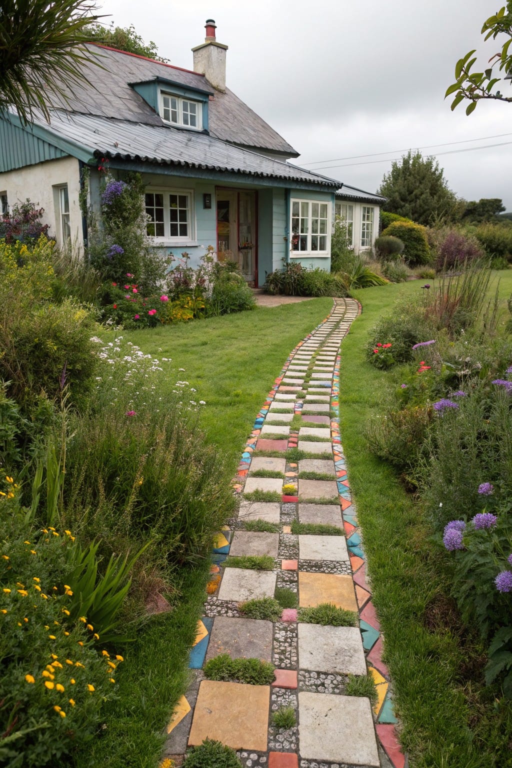 A green cottage house with blue roof and dormer window, featuring a winding pathway of colorful mosaic tiles and stones set into grassy lawn, surrounded by flowering borders.