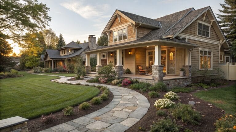 Curved paver pathway edged by low dry-stacked stone walls with planted beds and mulch leading to steps at a Craftsman house porch.