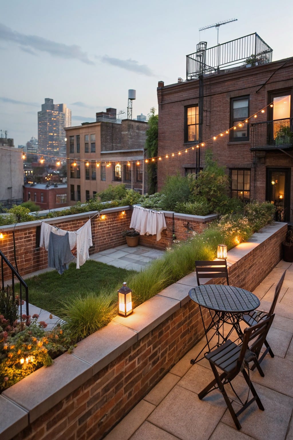 Rooftop terrace garden enclosed by low brick walls with concrete caps, featuring a small grass lawn, clothesline with laundry, potted plants, string lights, and a bistro table with chairs at dusk amid urban buildings.