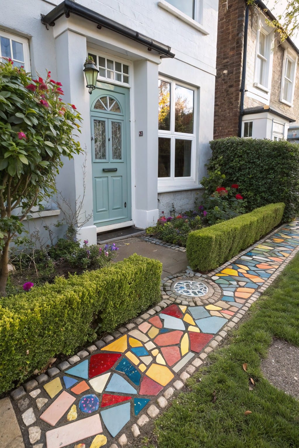 White terraced house with light blue front door, colorful mosaic tile pathway edged by green boxwood hedges and bordered by flower beds and grass.
