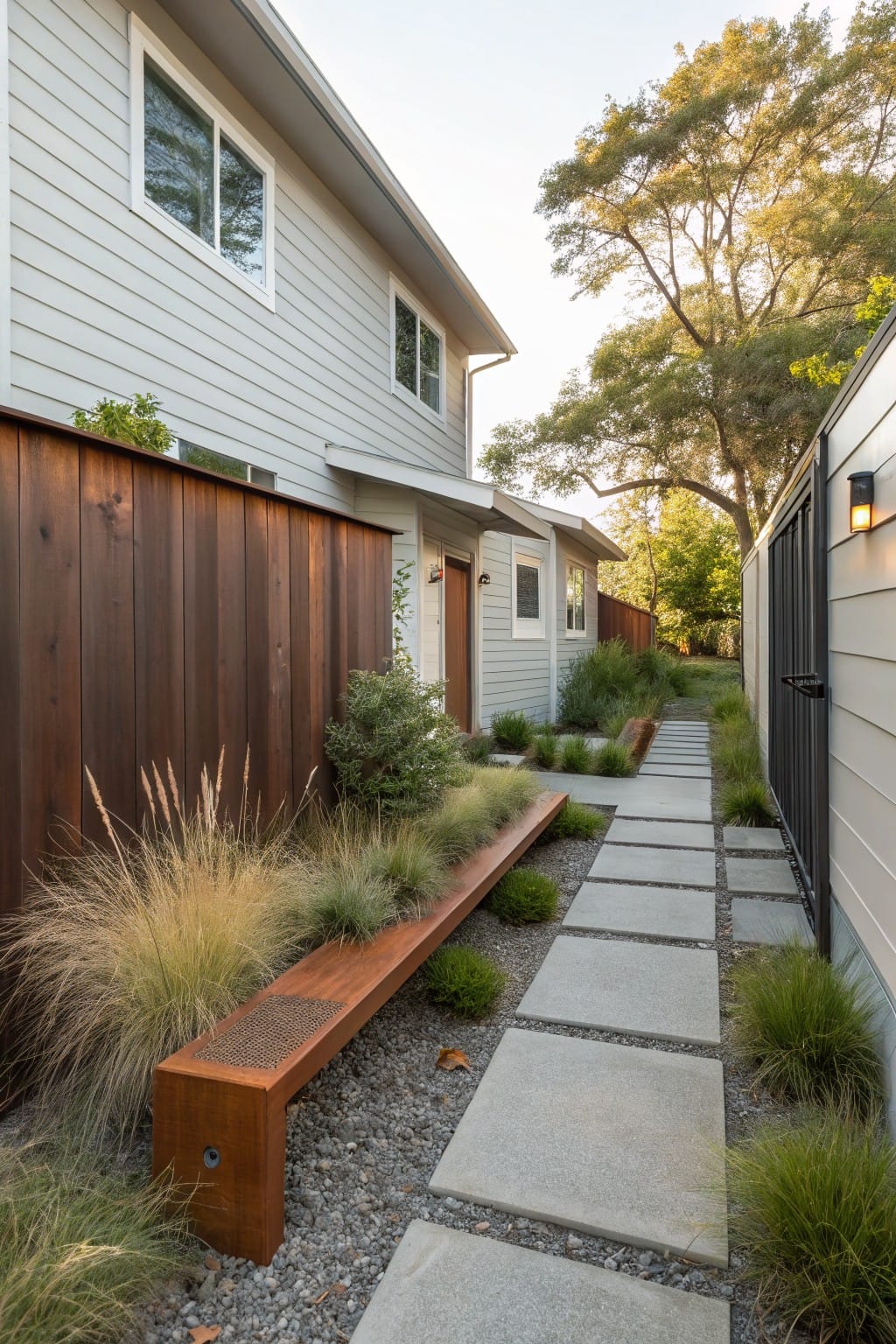 Narrow side yard pathway of irregular concrete pavers set in gravel, edged by tall ornamental grasses and low shrubs along a wooden fence and house wall, with a long wooden bench integrated into the planting.