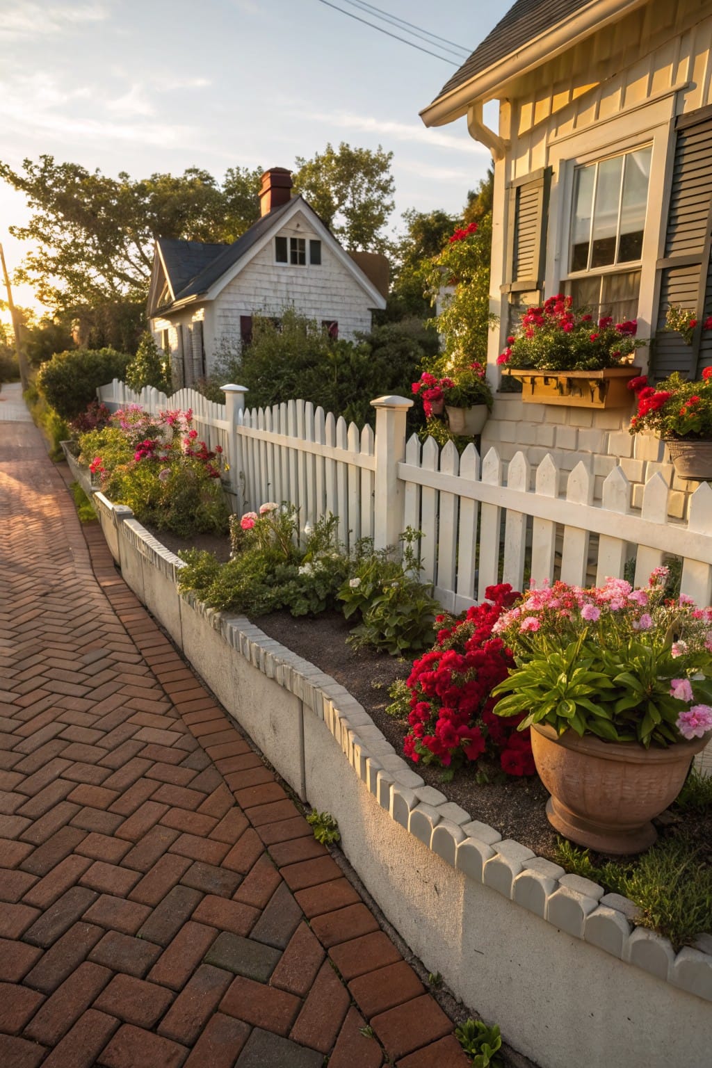 Brick walkway bordered by white scalloped raised concrete planters overflowing with pink and red flowers, backed by a white picket fence, next to a shingled cottage house with window boxes and potted plants.