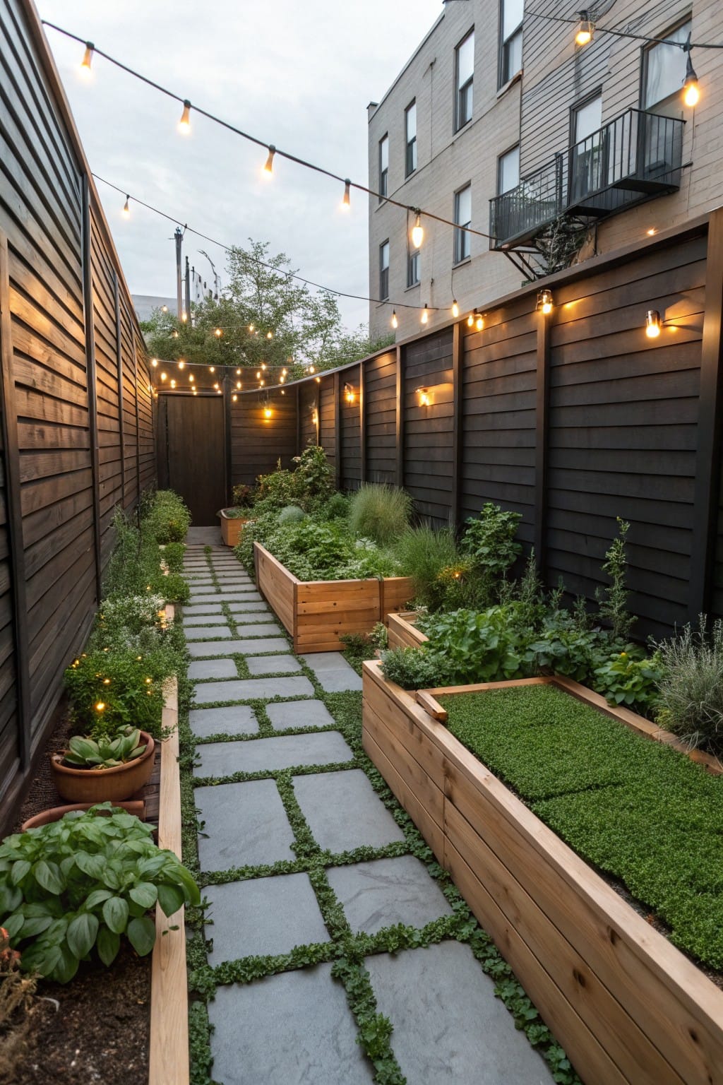 Narrow backyard alleyway with wooden raised garden beds filled with green plants lining a stone paver path, tall black wooden fences on both sides, and string lights strung overhead.