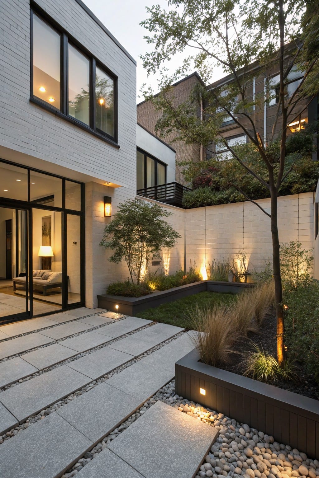 Modern white brick house exterior with large glass doors opening to a stone slab pathway edged with pebbles, surrounded by raised dark wood garden beds planted with ornamental grasses and lit at dusk.