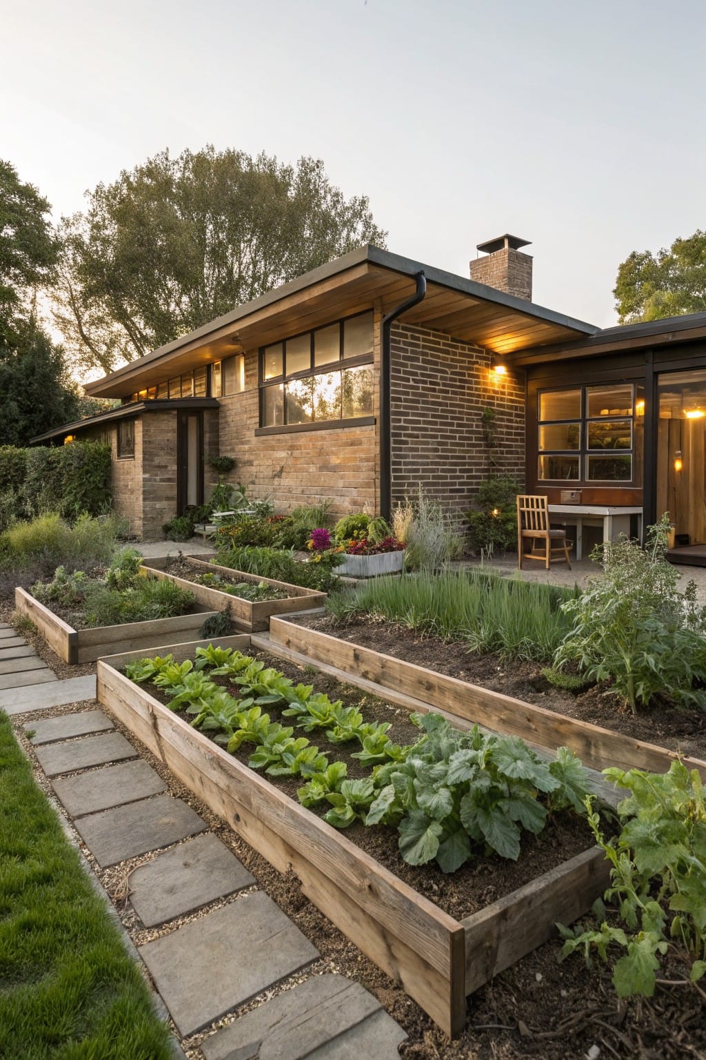 Brick house with flat roof, large windows, wooden raised garden beds planted with vegetables along a stone pathway edged by grass and shrubs.