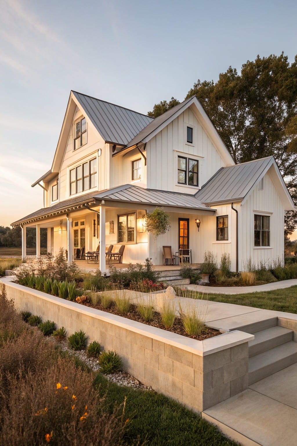 White board-and-batten house with metal roof and porch overlooking a low concrete block retaining wall planted with grasses, agaves, and shrubs, adjacent to concrete steps and pathway.