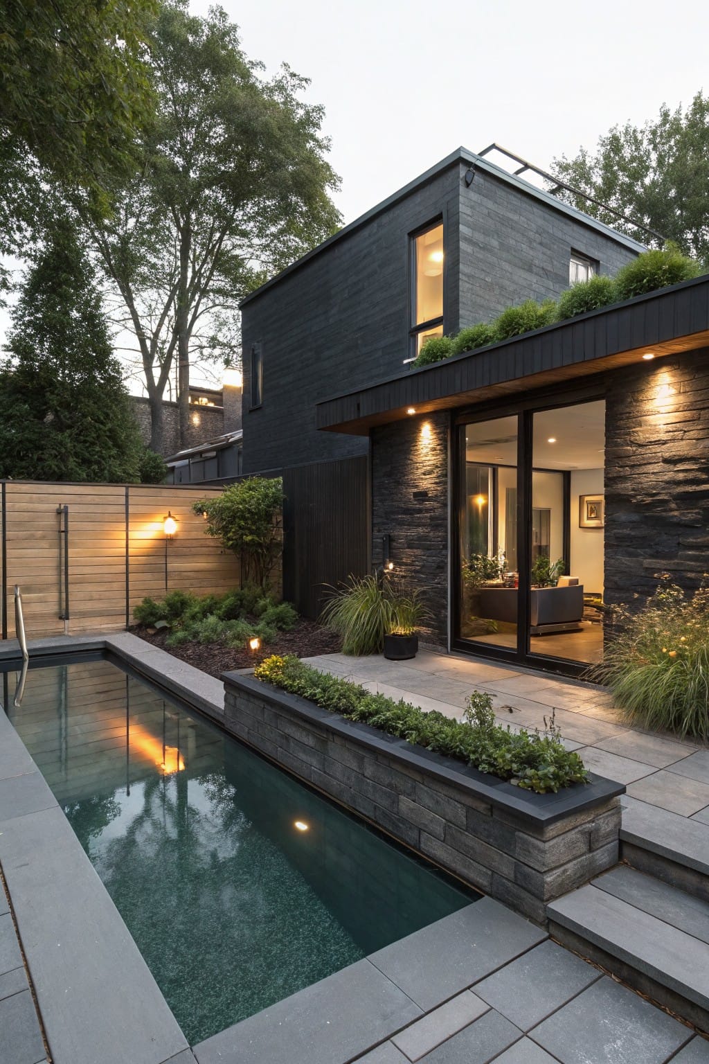 Narrow pool with dark stone raised planters along one edge filled with greenery, next to a modern black house with sliding glass doors to a stone patio and surrounding landscaping.