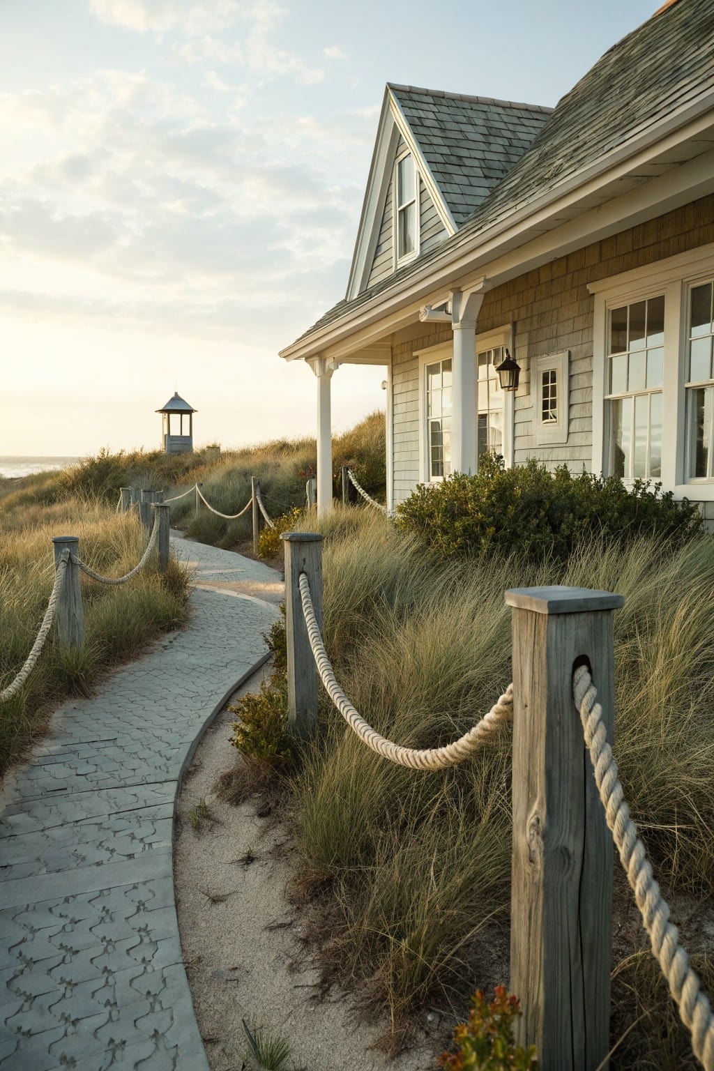 Beige shingle-style house beside a concrete pathway edged with wooden posts and thick rope through tall dune grass, with ocean and small gazebo in the distance.