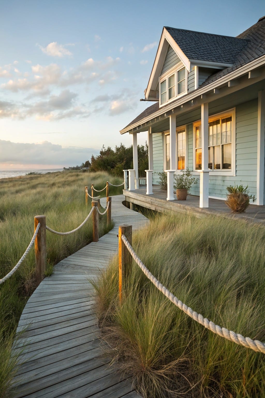 Wooden boardwalk path edged with rope railings on posts winds through tall dune grass to the porch of a light green clapboard house by the ocean.