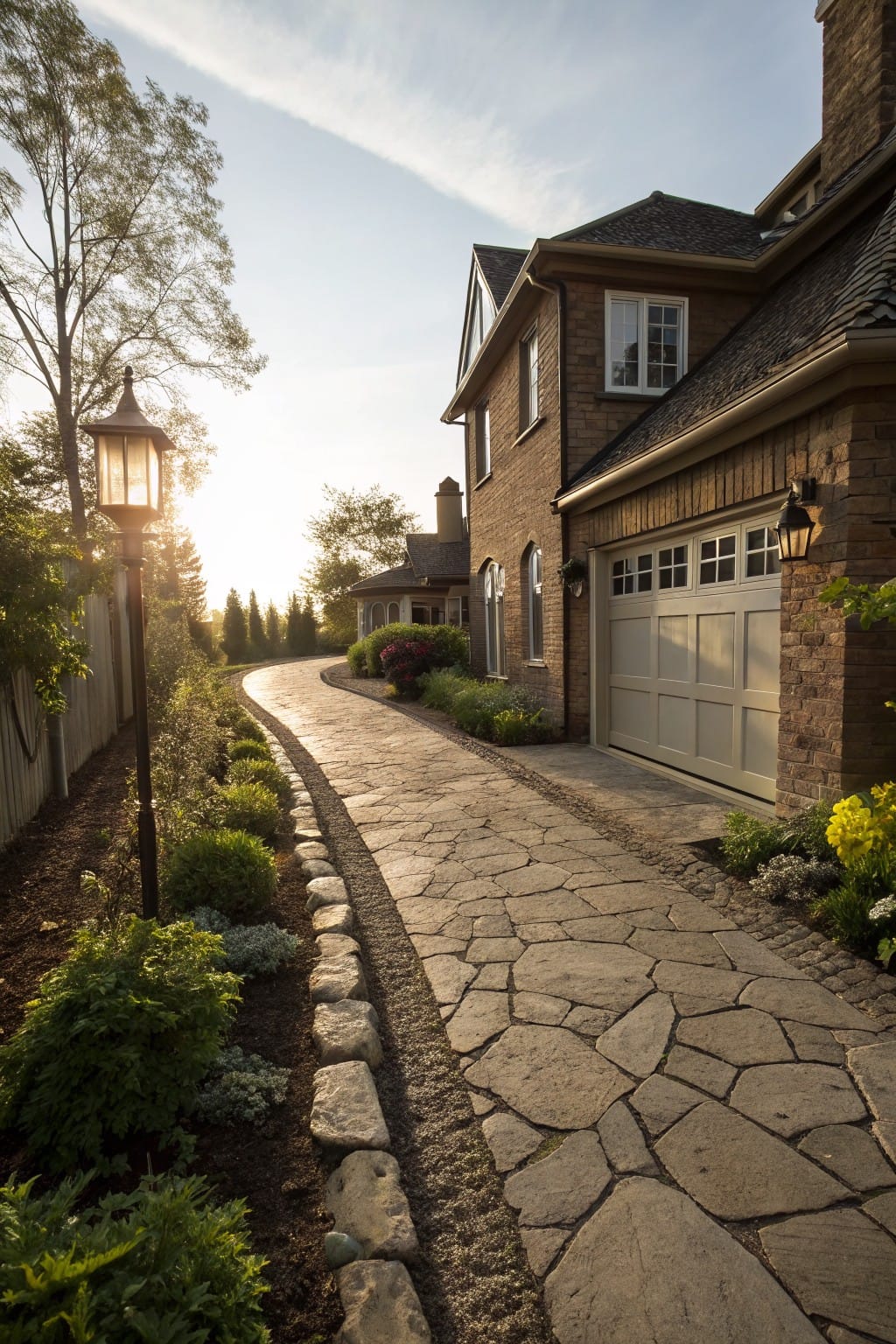 Curved flagstone pathway edged with large irregular stones and bordered by shrubs and plants, leading to a brick house garage with a lantern post nearby.