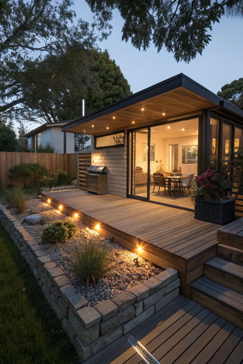 Wooden deck platform steps down to a lawn edged by a low stacked stone retaining wall filled with gravel, grasses, and shrubs, adjacent to a modern house with glass sliding doors and evening lights.