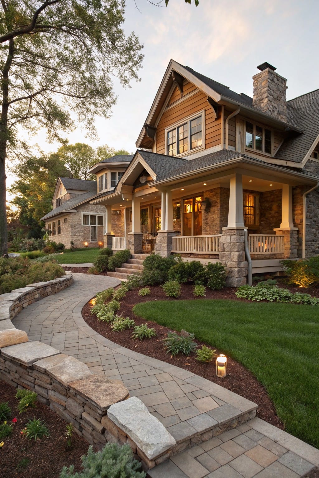 Curved paver pathway edged by low dry-stacked stone walls with planted beds and mulch leading to steps at a Craftsman house porch.