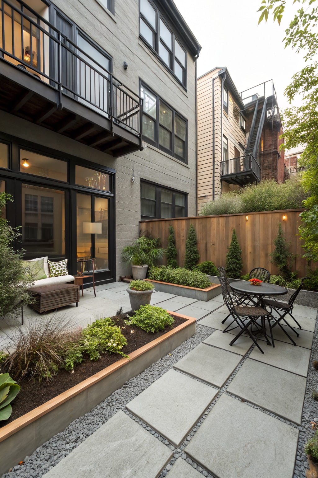 Backyard patio area featuring large gray concrete pavers with gravel joints, linear raised garden beds edged in horizontal wood boards filled with plants and soil, a small round table with chairs, a lounge chair, and a modern house with glass doors and balcony in the background.