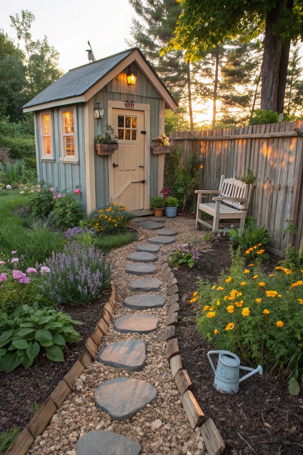 Small wooden garden shed with warm window lights at the end of a winding stepping stone path edged by wooden timbers amid flower beds and gravel in a backyard garden.
