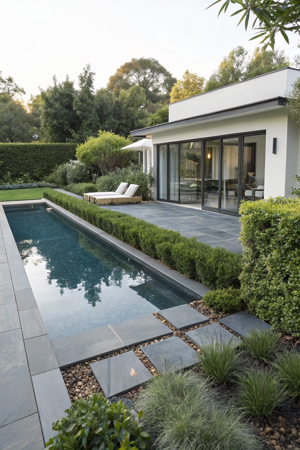 Narrow dark pool edged in slate tiles and lined with trimmed boxwood hedges on one side, next to a modern white house with sliding glass doors, lounge chairs on a slate patio, and ornamental grasses and shrubs nearby.