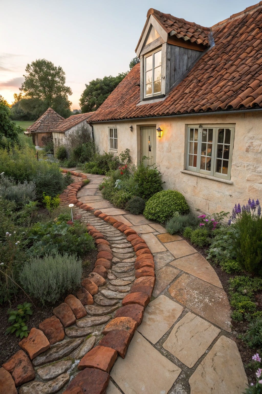 Stone pathway edged with halved red bricks curves through garden plantings to the green-painted door of a stone cottage with red tile roof and dormer window.