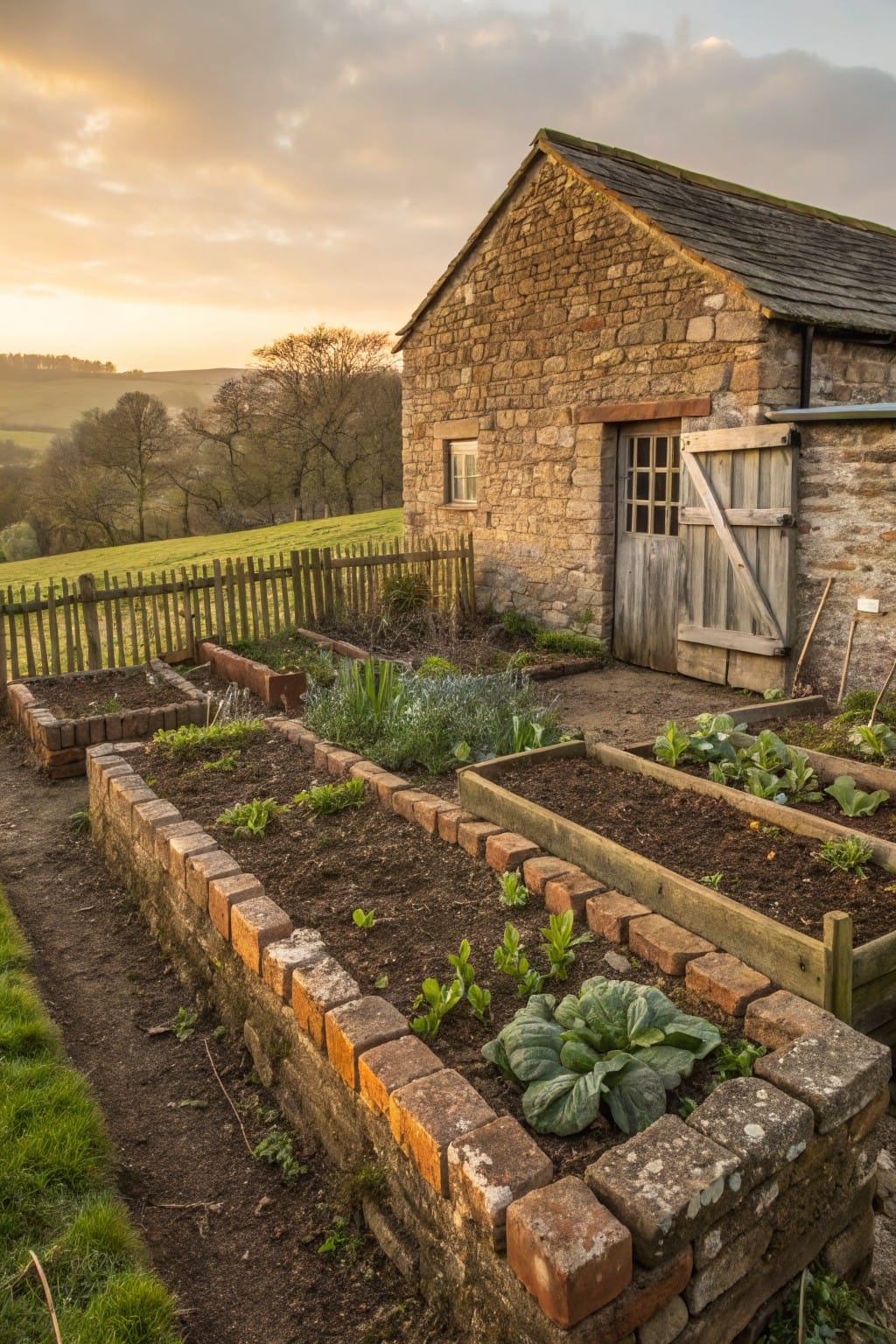 Stone barn with wooden door next to brick raised garden beds containing young vegetable plants, picket fence, and grassy path in a rural setting.