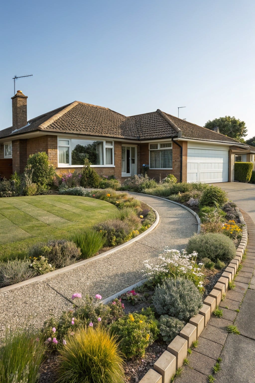 Brick house with curved gravel pathway to the front door, edged by low beige concrete blocks and surrounded by grasses, shrubs, and flowers in the front yard.