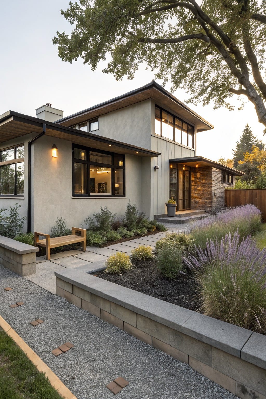 Low gray concrete block retaining wall bordering a gravel pathway with terracotta brick stepping stones and a planting bed of lavender and grasses next to a house exterior.