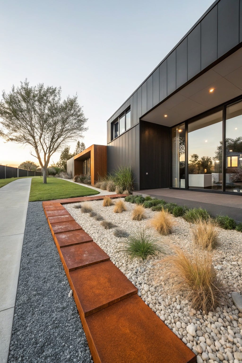 Contemporary house with black metal siding and wood accents beside a concrete sidewalk edged by red corten steel slabs set in a white pebble and gravel garden bed with ornamental grasses.