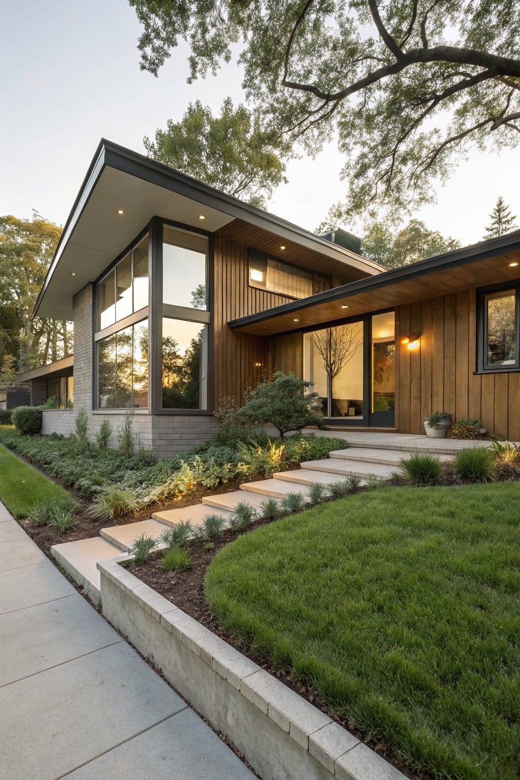 Modern house with wood siding and large windows, concrete retaining wall curving along sidewalk with grass lawn and planted beds leading to stone entry steps.