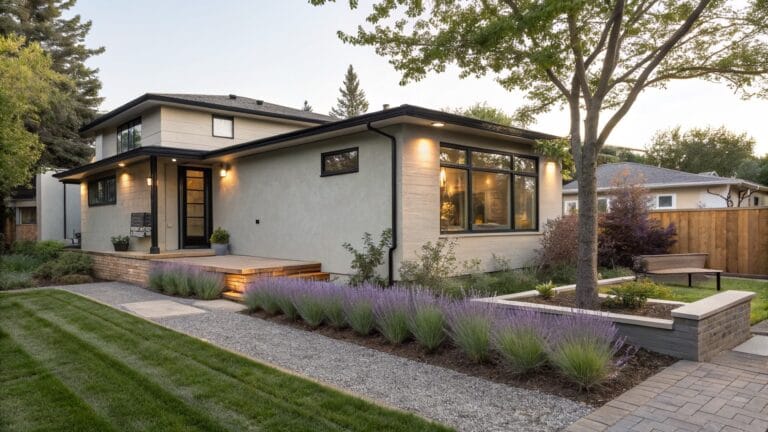 Low gray concrete block retaining wall bordering a gravel pathway with terracotta brick stepping stones and a planting bed of lavender and grasses next to a house exterior.