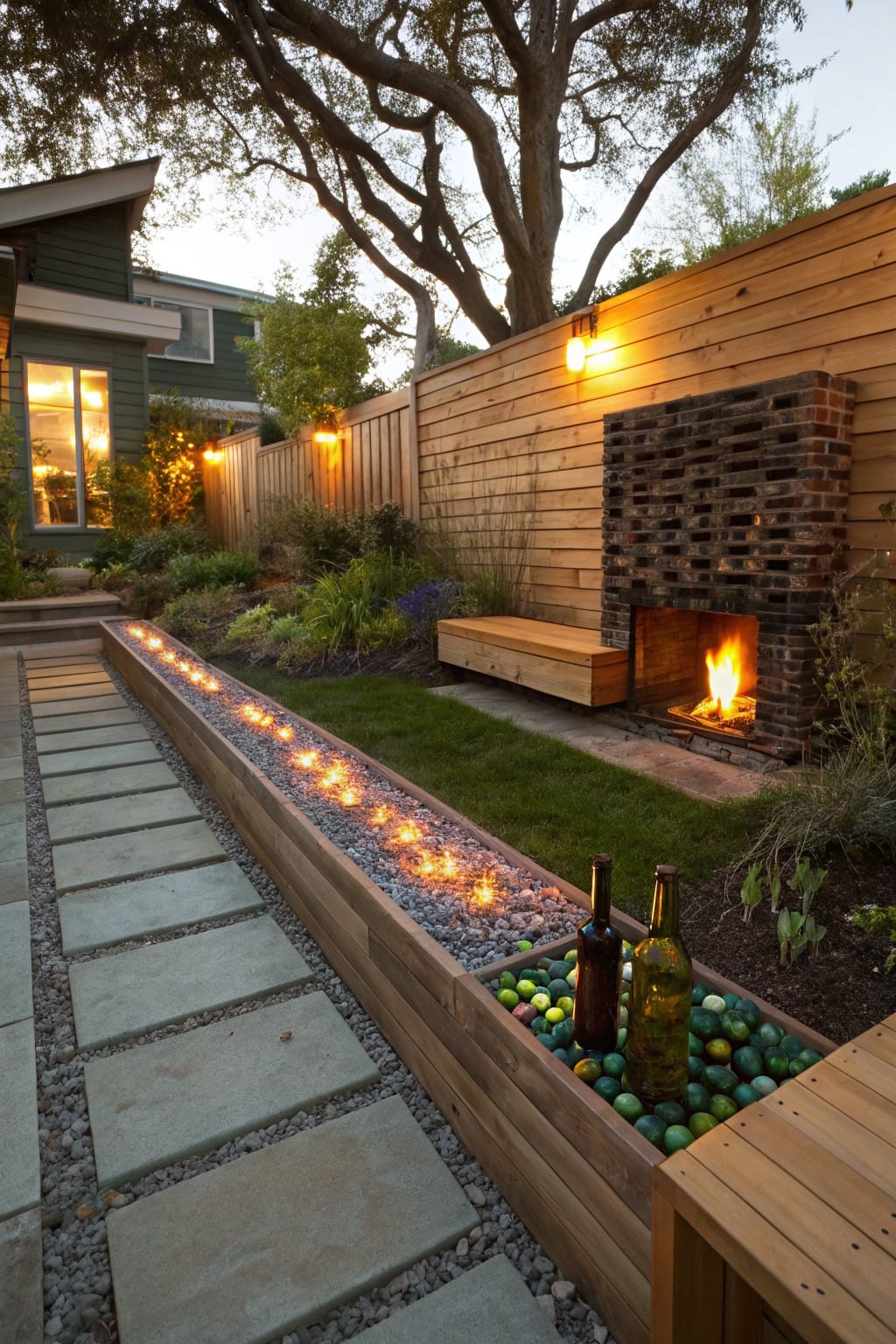 Long wooden raised bed filled with glowing fire glass flames along a concrete paver pathway in a backyard garden, with a brick outdoor fireplace, wooden benches, and nearby planters containing wine bottles and green glass orbs.