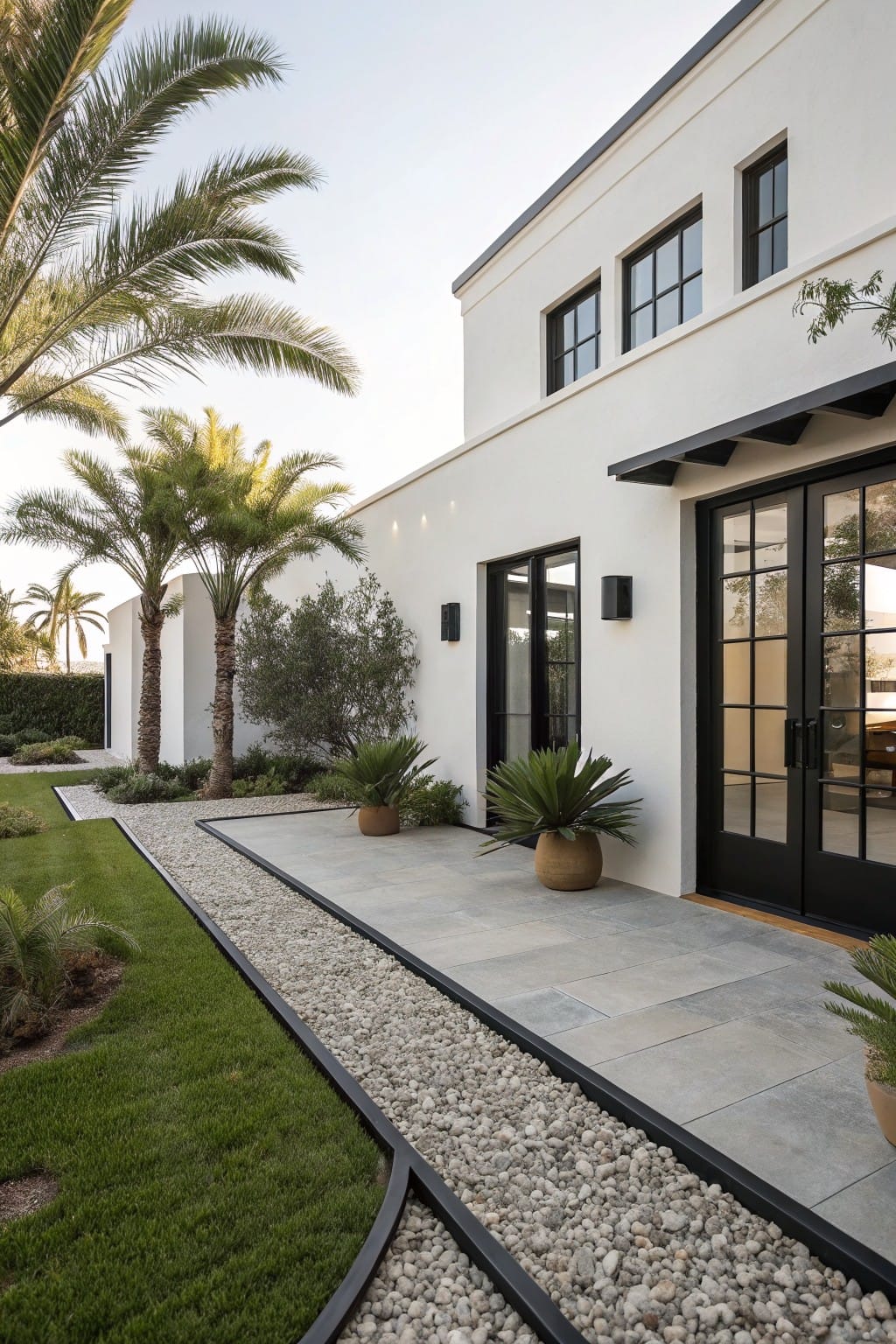 White stucco house exterior with black-framed windows and doors, palm trees, shrubs, potted plants, slate patio tiles, and a border of grass edged by white pebbles with black strips.