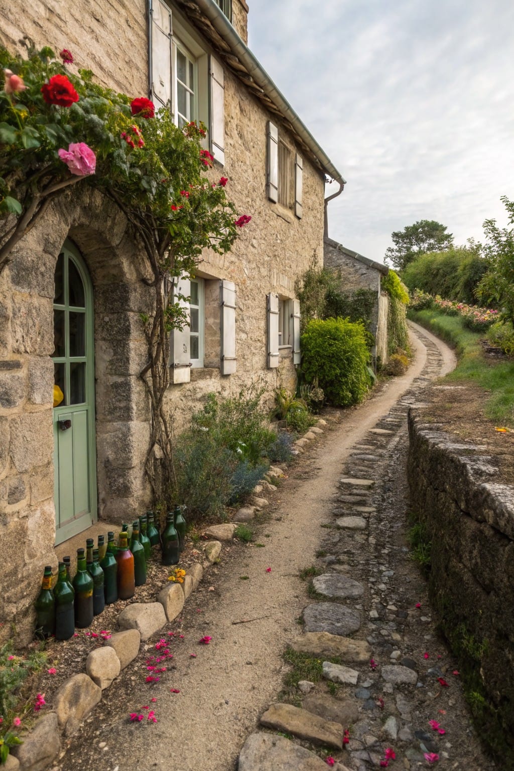 Stone cottage with arched green door covered in climbing pink roses, green glass bottles lining the garden border, and a curving dirt path with stepping stones beside a stone wall.