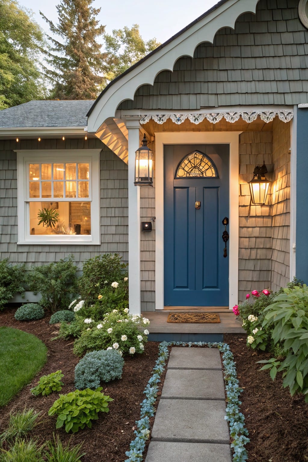 Gray shingle house exterior featuring a navy blue front door under a porch with lanterns, flanked by a concrete paver pathway edged in low blue flowers and mulch beds with shrubs and roses.
