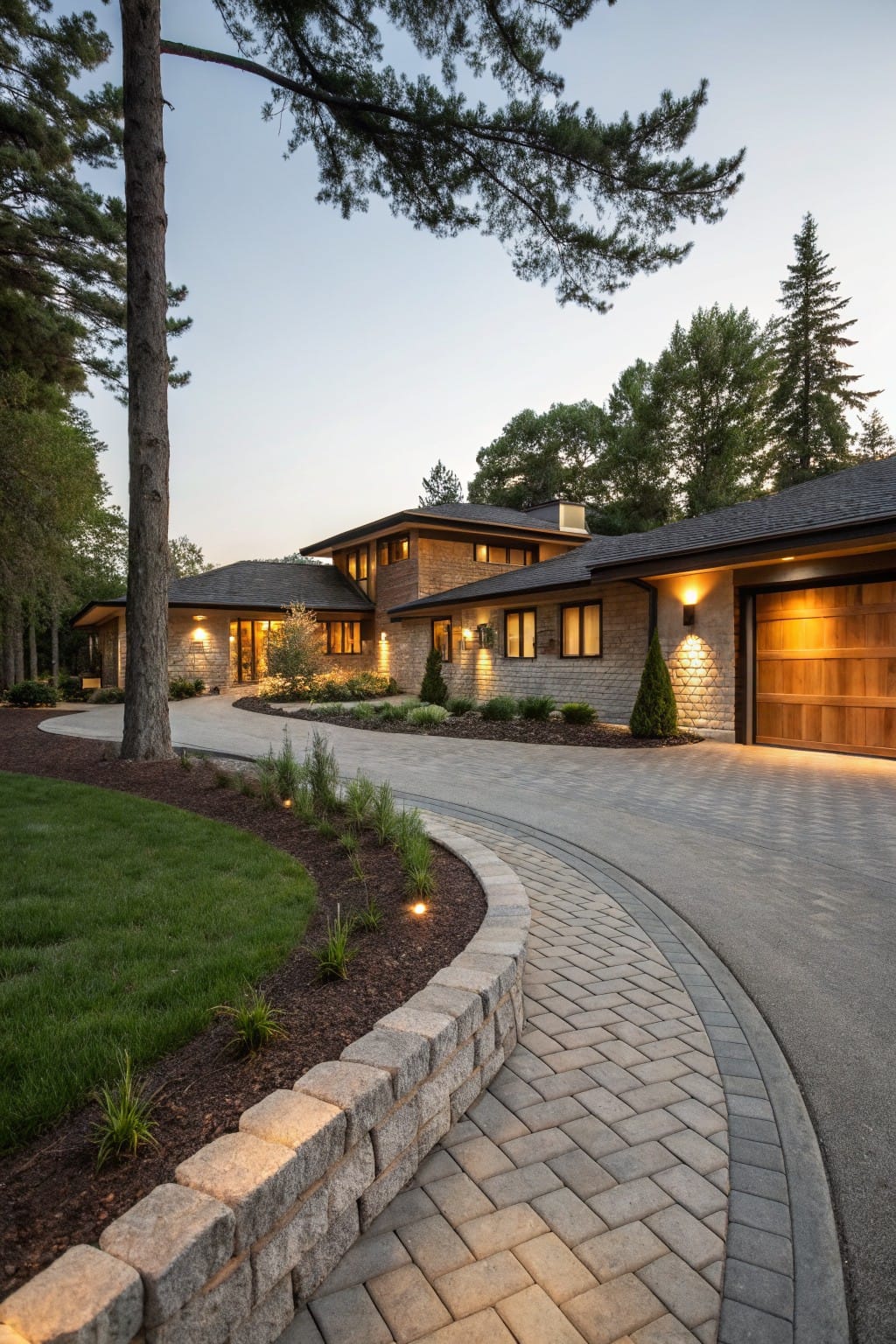 Curved low stone wall borders a grass lawn and plants along a paver driveway leading to a modern wood-sided house with garage and trees at dusk.