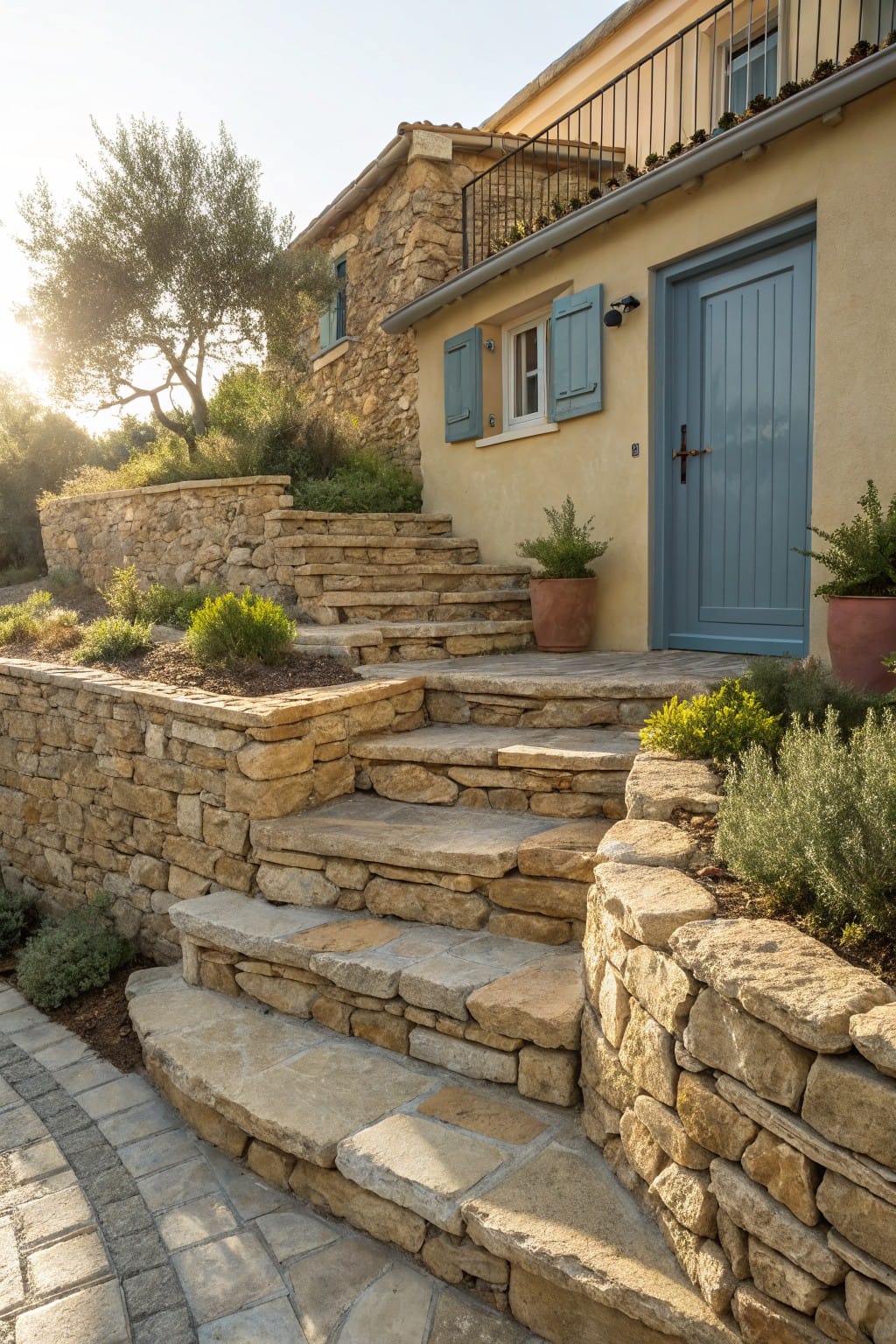 Terraced dry-stone steps and retaining walls with embedded plants lead to a blue door on a beige stucco house, surrounded by olive trees and potted greenery.
