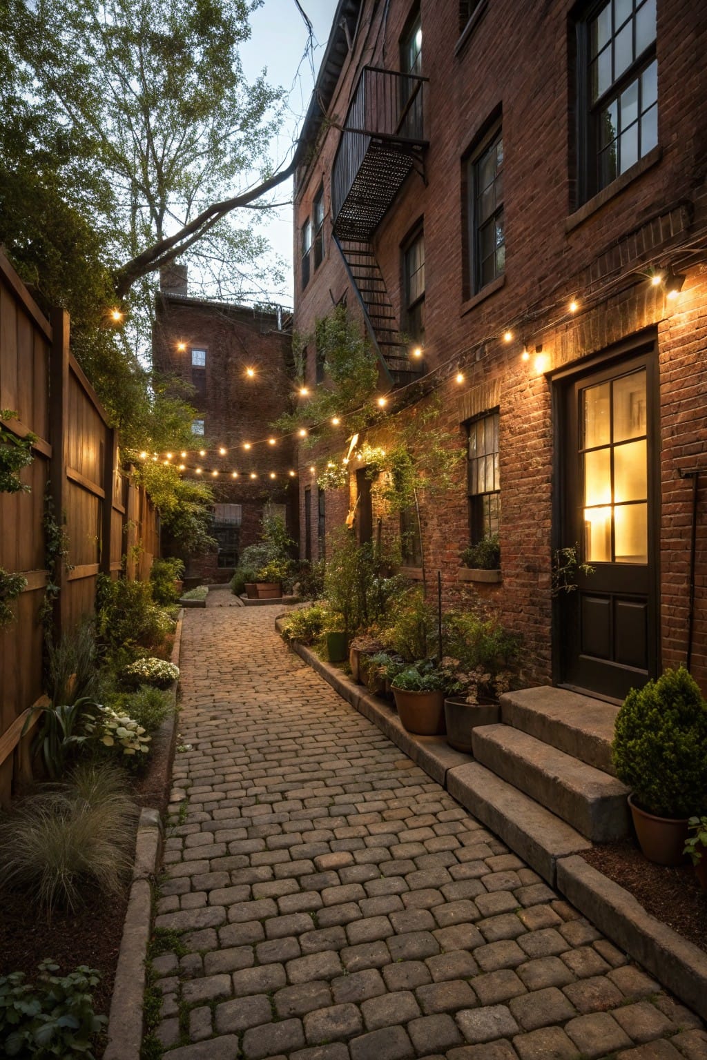 Narrow cobblestone pathway lined with ornamental grasses, white flowers, potted plants, and shrubs between a wooden fence and brick wall with string lights overhead leading to wooden steps and a dark door.