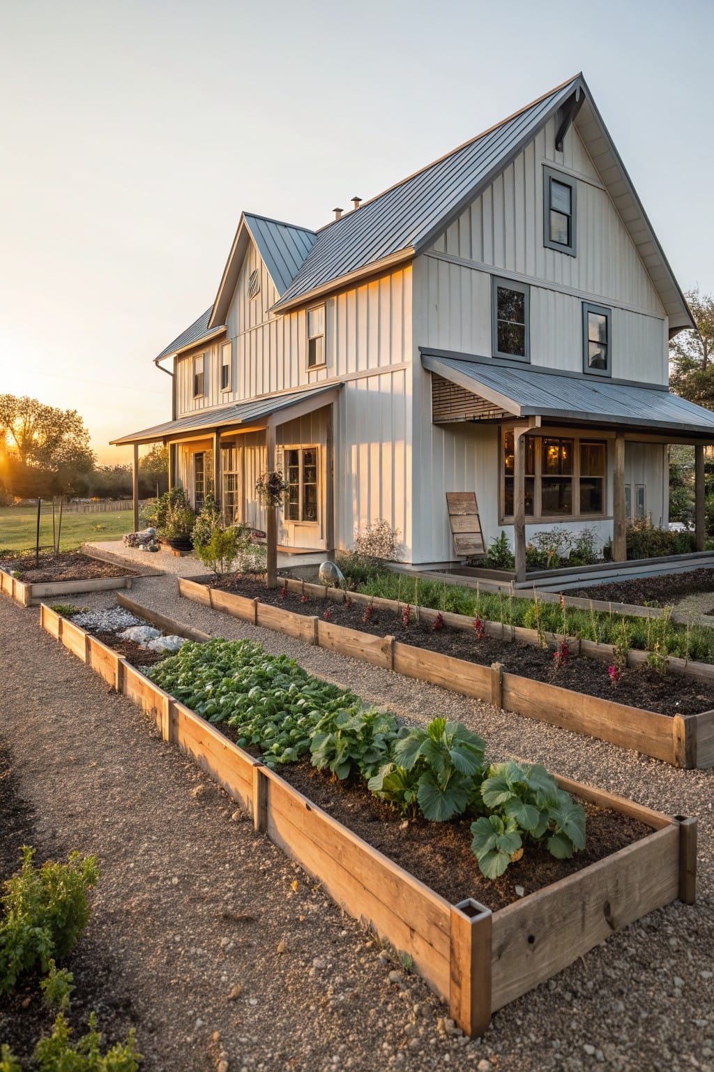 White board-and-batten farmhouse with metal roof and porch next to wooden raised garden beds planted with vegetables along a gravel path.