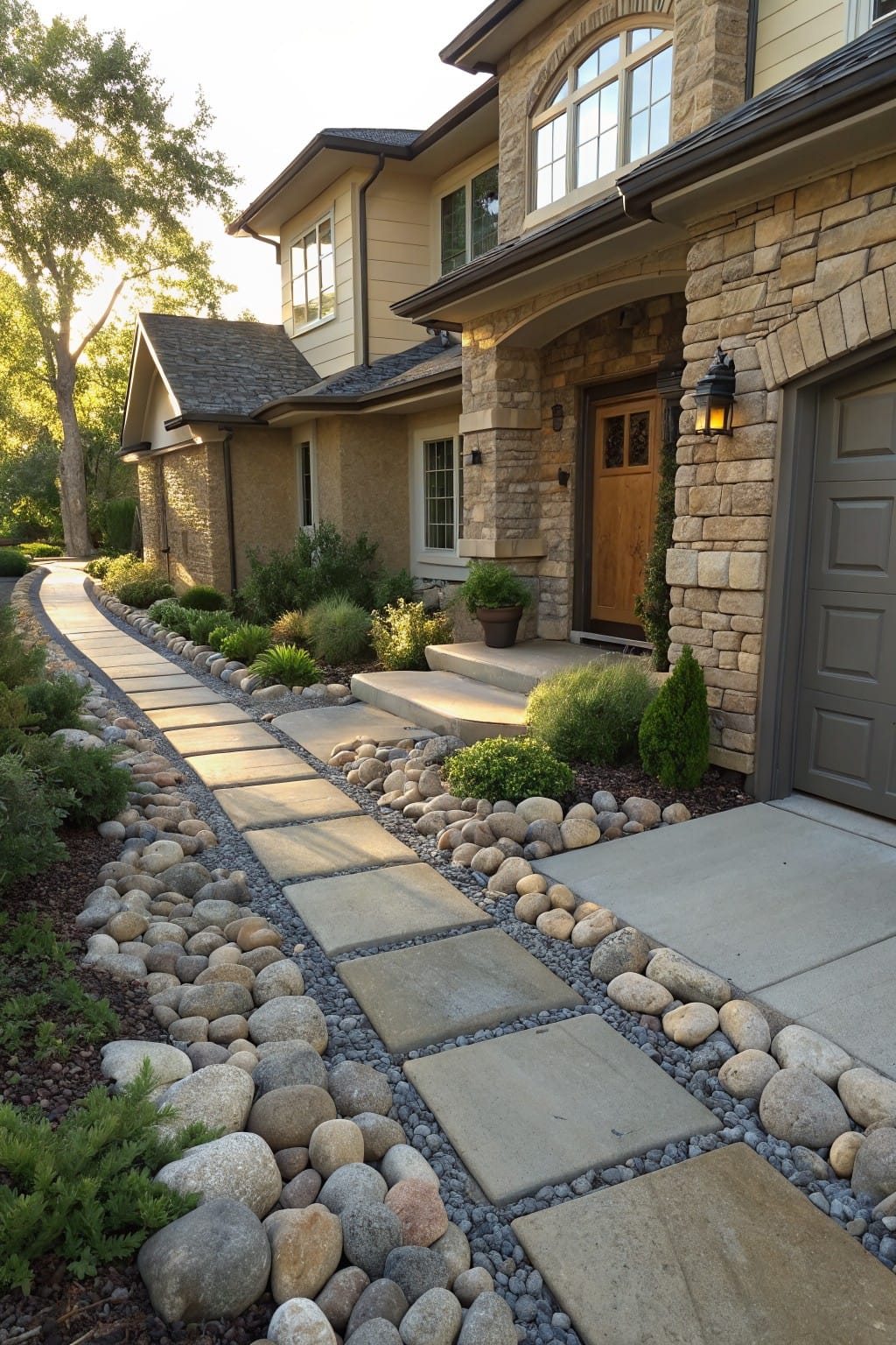 Curved walkway of large rectangular concrete pavers set into gray gravel and bordered by multicolored river rocks in garden beds leading to the front steps of a beige house with stone facade and attached garage.