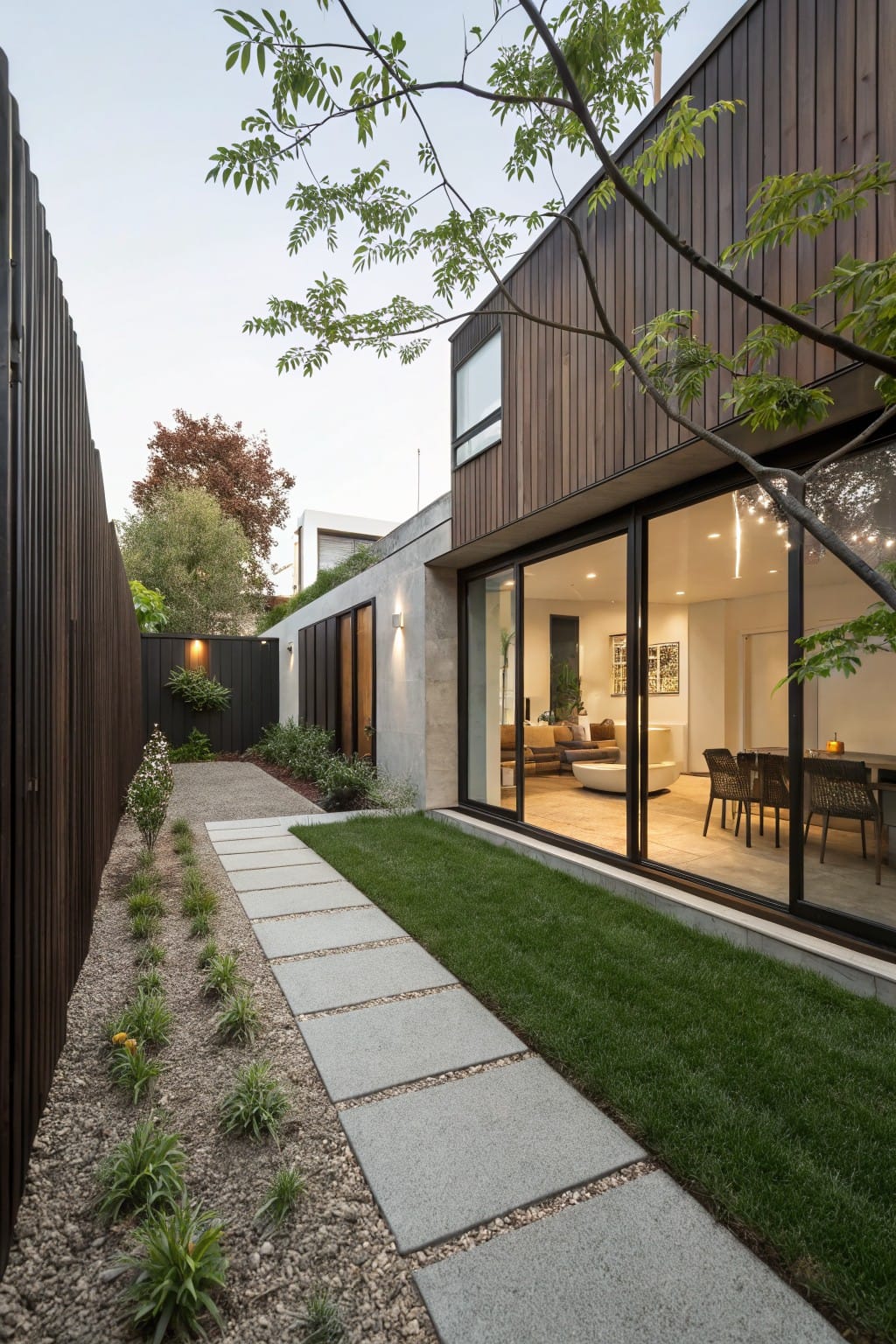 Narrow side yard pathway with large rectangular concrete stepping stones set into a gravel strip planted with grasses, adjacent to a mowed lawn, dark wooden fence, and modern house wall with large sliding glass doors open to living room.