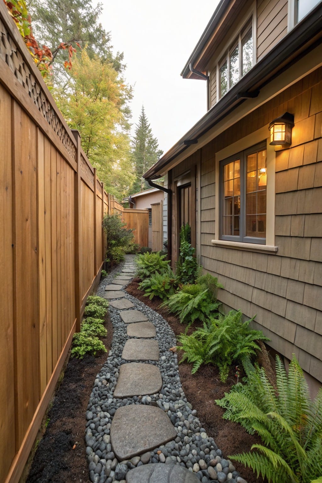 Narrow side path with large irregular stepping stones set in gravel mulch bed, edged by ferns and plants along a wooden fence and shingle house exterior.