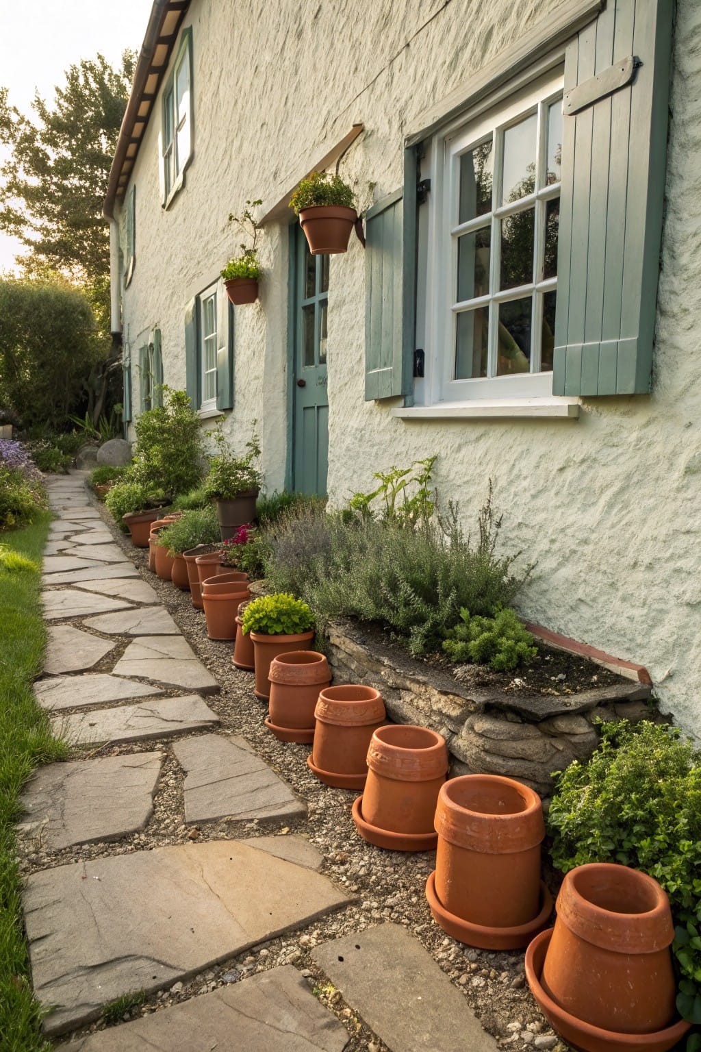 White rendered cottage wall with green shutters and door, alongside a stone pathway bordered by numerous orange terracotta pots containing herbs and plants.