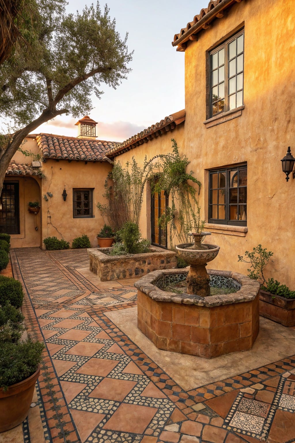 Courtyard patio with yellow stucco walls, intricate terracotta tile pathways in geometric patterns bordering plant beds, central octagonal brick fountain, olive tree, potted plants, and wall lanterns.