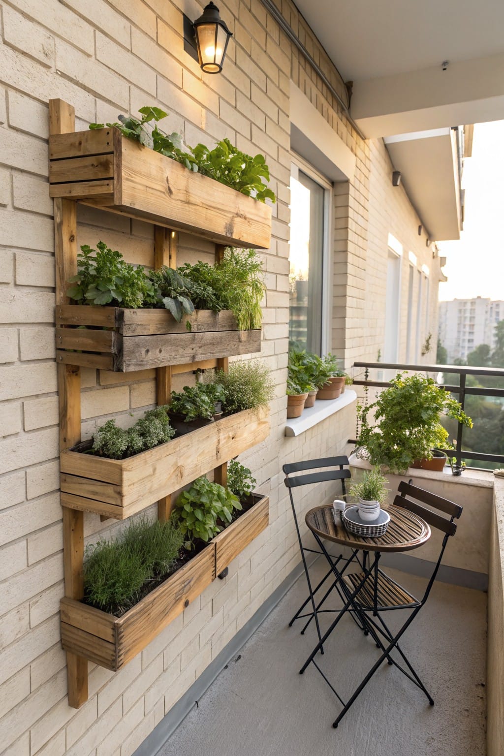 Balcony with multiple wooden crate planters stacked and mounted vertically on a light beige brick wall, filled with various green herbs and plants, next to a small round wooden table and two black folding chairs.