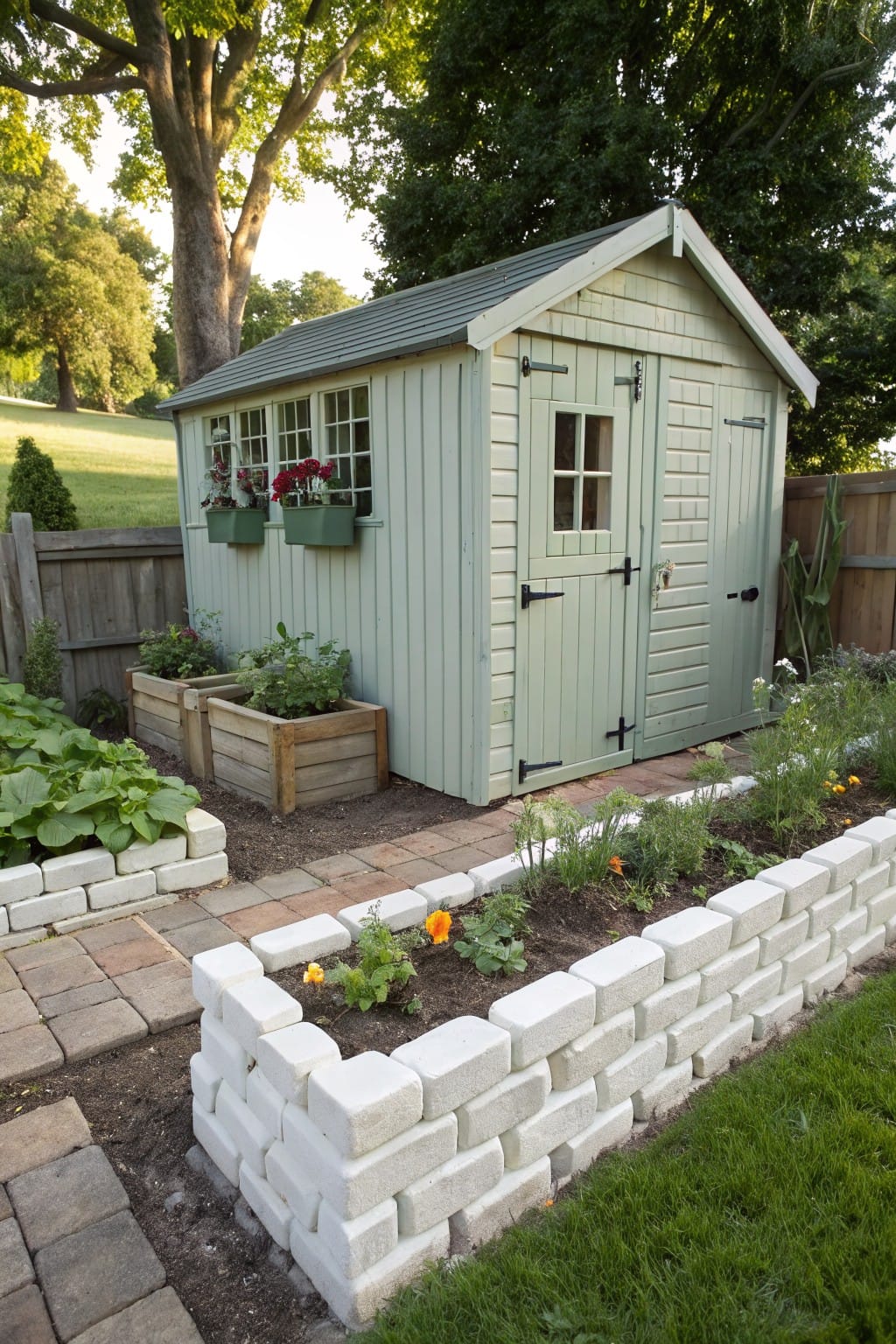 A small green garden shed with double doors and window boxes, bordered by raised white brick garden beds containing herbs, flowers, and vegetables, next to a brick pathway and wooden planters.