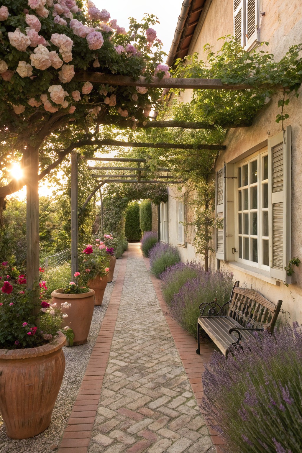 Narrow brick pathway edged with lavender bushes and large terracotta pots of pink and red flowers, under a wooden arbor covered in pink rose clusters, running alongside a beige stucco house with wooden shutters.