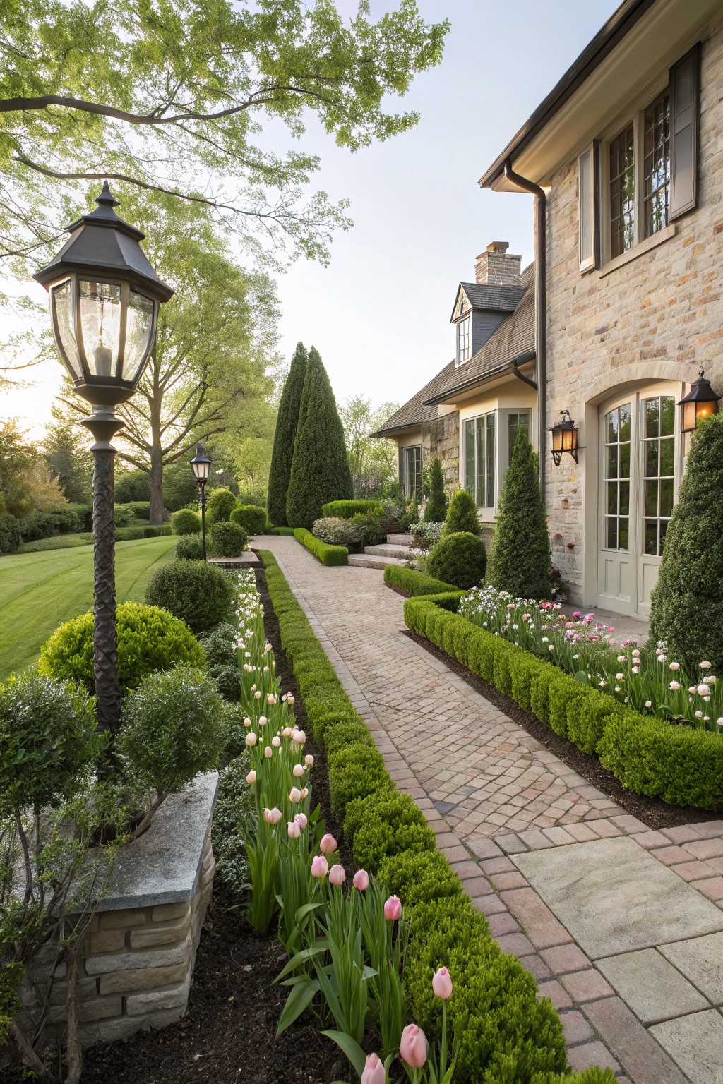 Brick pathway edged with boxwood hedges and pink tulips leads to a stone house entrance, with lanterns and trees nearby.